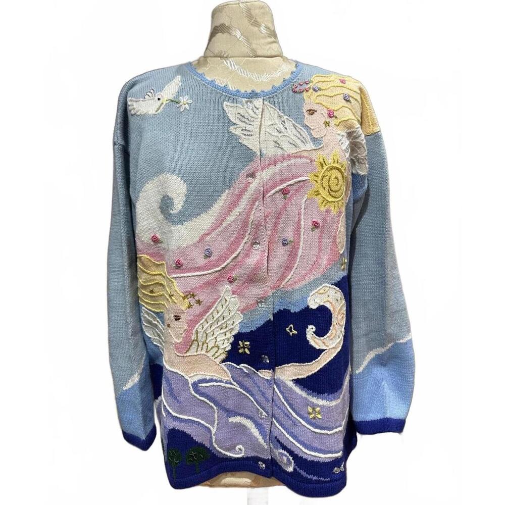 Vintage Storybook Knits Artistic Cardigan Sweater Angel & Nature Motifs Ramie 1X
